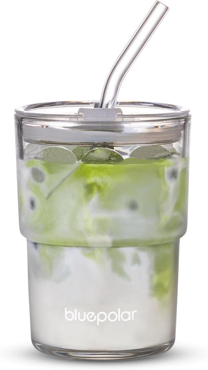 BLUEPOLAR 13oz/400ml Glass Water Tumbler with Straw and Lid Sealed Carry On Thick Wall Iced Coffee Cup Glass Cup for Water, Iced Tea Fruit Juice Etc(Aurora White by BLUEPOLAR