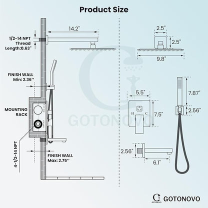gotonovo Shower System with Tub Spout Wall Mounted Rain Shower Head and Handle Combo Shower Faucet Set with Valve, 10 Inch, Brushed Gold - Image 4