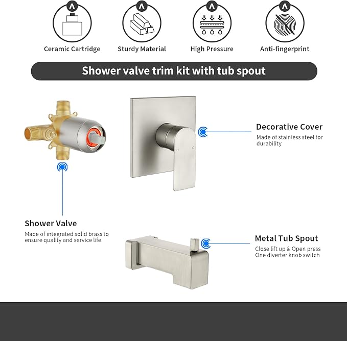 Shower Valve Trim Kit with Tub Spout Wall-Mounted Tub Shower Rough-In Mixer Valve Tub and Shower Trim Kit Bathroom Trim Kit Brushed Nickel - Image 2