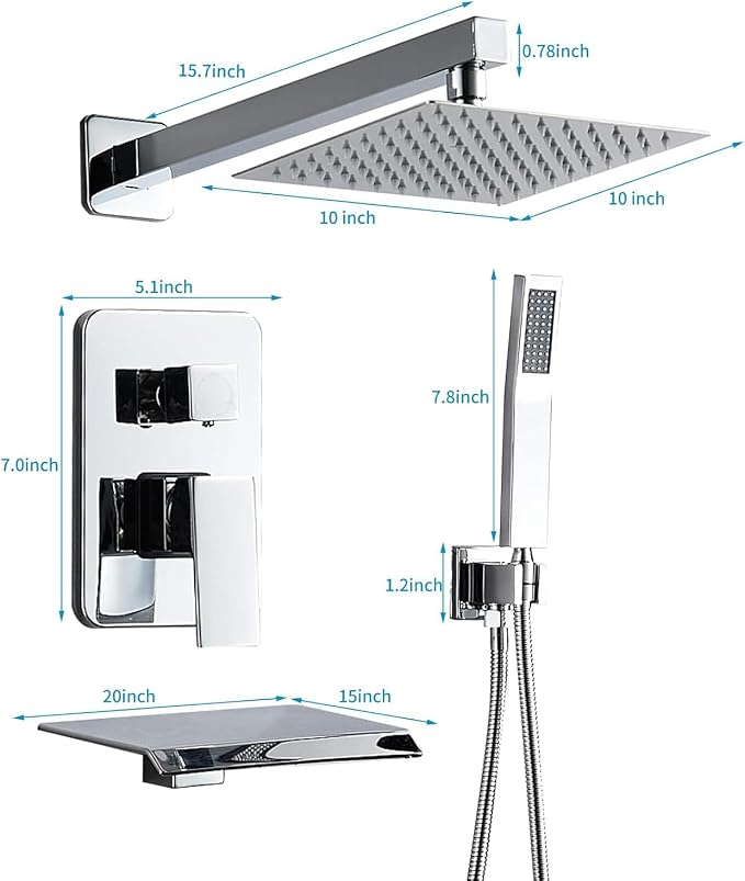 Chrome Shower Faucet Set with Tub Spout 10 Inch, Shower Head and Handle Set with 2 Hooks, Tub and Shower Faucet Combo, Rain Shower and Handheld Shower System Square Wall Mount for Bathroom - Image 6
