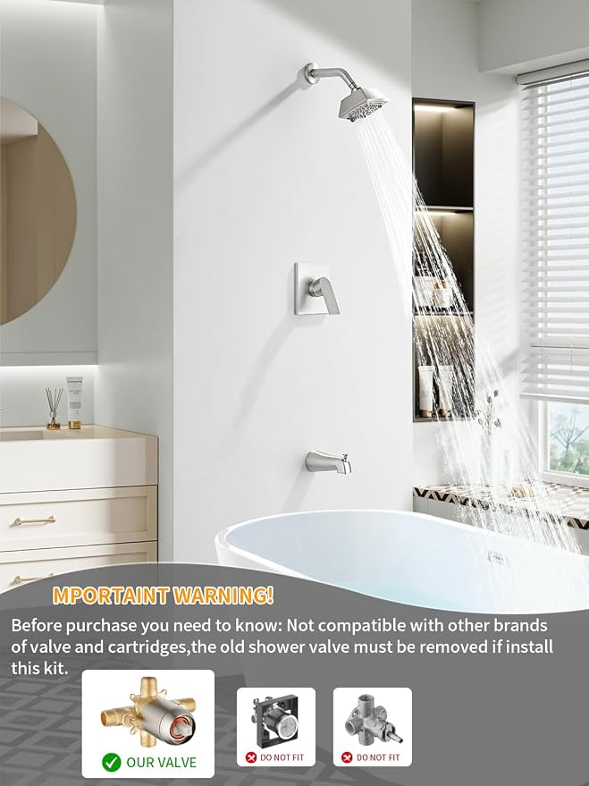 Brushed Nickel Shower Head and Handle Set 5 Inch Bathtub Faucet Shower Faucet with 6-Spray Shower Head Shower Valve Kit Modern Shower Set High-Pressure Shower Trim Kit - Image 2