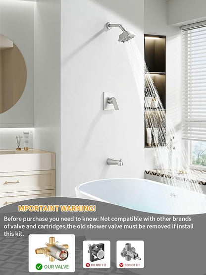 Brushed Nickel Shower Head and Handle Set 5 Inch Bathtub Faucet Shower Faucet with 6-Spray Shower Head Shower Valve Kit Modern Shower Set High-Pressure Shower Trim Kit - Image 2