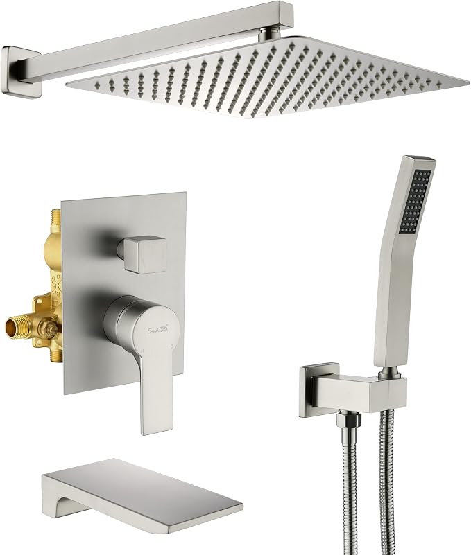 SHAMANDA Shower System with Waterfall Tub Spout and Handheld Shower Head, 12" Rain Shower Faucet Sets Complete with Shower Round-in Valve and Trim Wall Mount, Brushed Nickel, L101-2 by SHAMANDA