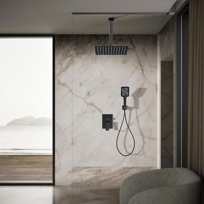 Rain Shower System 12IN Modern Brass Faucet Set With Valve and Diverter Shower Mixer With Handheld High Pressure Square Rainfall Shower Valve (12'' Ceiling Mount, Matte Black) - Image 6