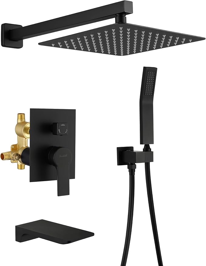 SHAMANDA Shower System with Waterfall Tub Spout and Handheld Shower Head, 10" Rain Shower Faucet Sets Complete with Shower Round-in Valve and Trim Wall Mount, Matte Black, L1010-7 by SHAMANDA