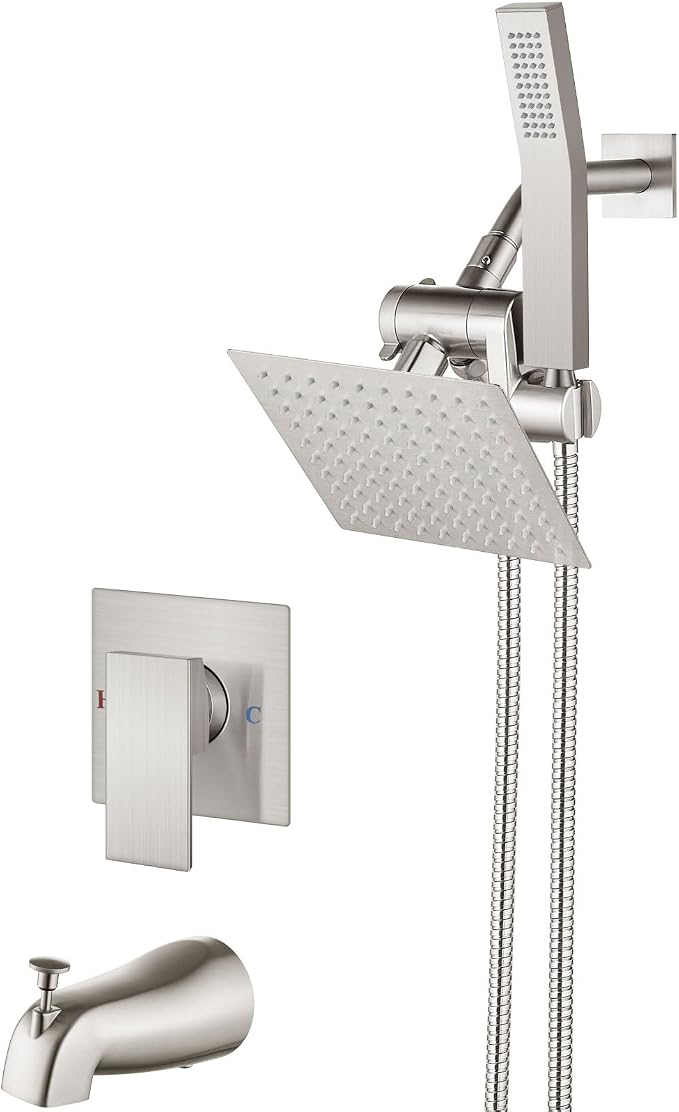 Aolemi Shower Tub Faucet Set with Handheld Spray Shower System Single Shower Rainfall Head and Handle with Tub Spout Combo Rough-in Valve Included Shower Trim Kit 6 Inch Shower Head Brushed Nickel by Aolemi