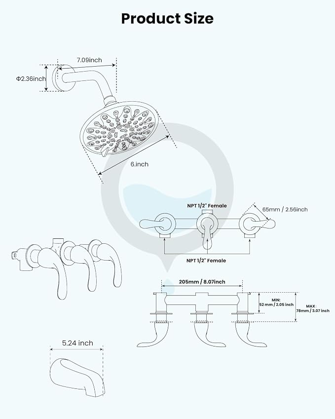 gotonovo 3 Handle Tub Shower Faucet Set, Bathtub Shower Fixture,Bathroom Tub and Shower Faucet Combo Shower System Complete Tub and Shower Trim Kit with 6 Settings Showerhead Polished Chrome - Image 7