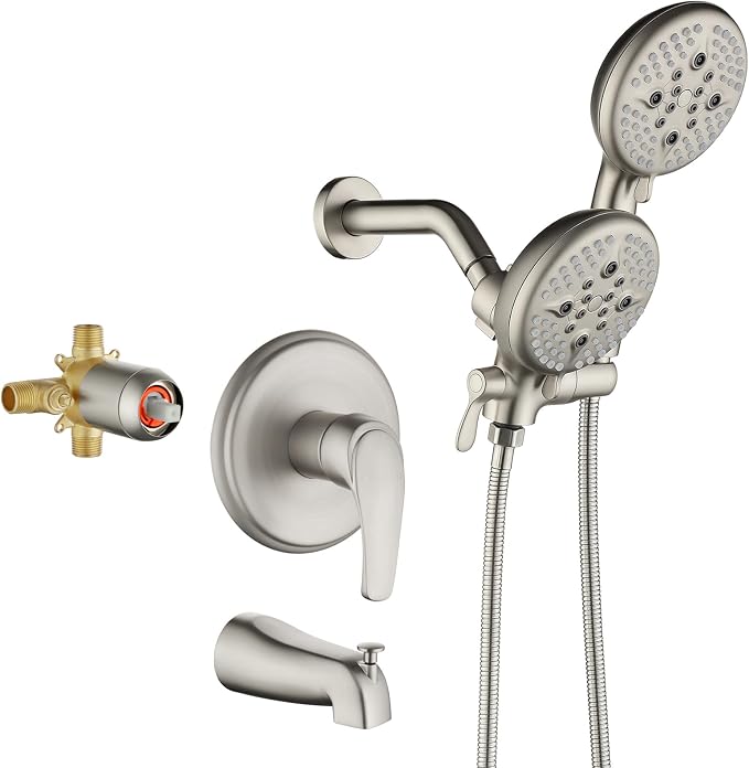 L829-2 Brushed Nickel Shower Faucet Set - Complete Dual Shower Head & Handheld Combo, Tub Spout & Trim Kit by SHAMANDA