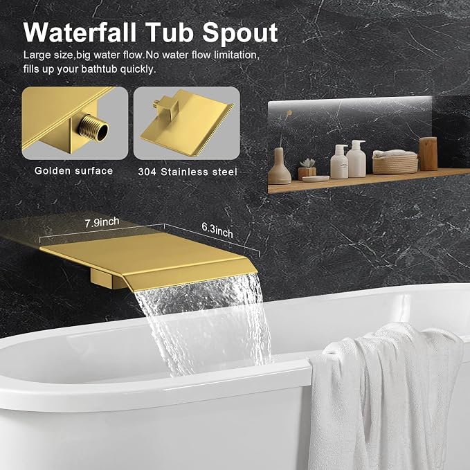 JOMEOO® 12 Inch Brushed Gold Shower Head with Tub Spout, 3 Function Wall Mounted Bathtub Shower Faucet Set, Bathroom High Pressure Rain Shower Head with Handheld Sprayer Rough in Valve Body and Trim - Image 5