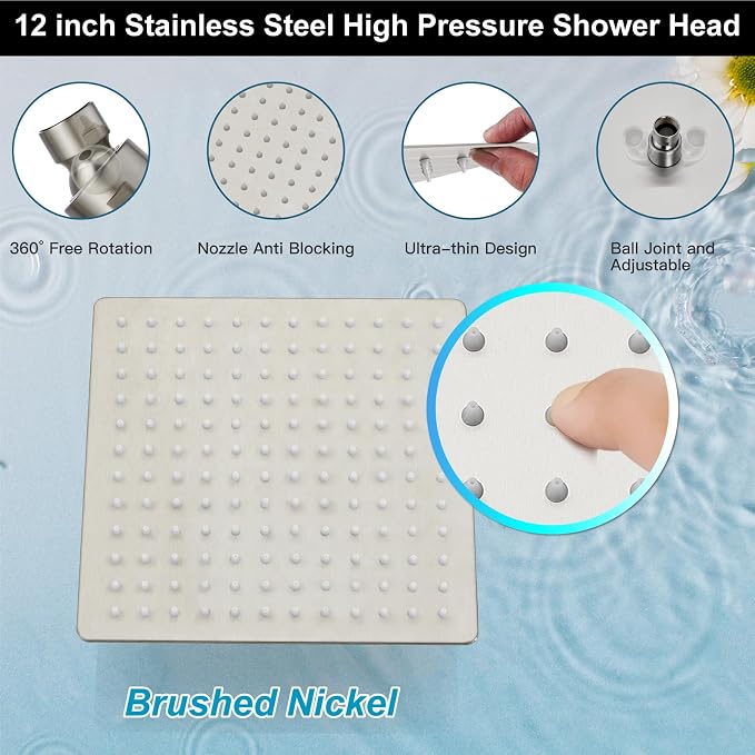 Midanya Shower Faucet Set,Wall Mount Shower System with Square Rain Shower Head and Hand Sprayer, Rough-in Valve Body and Trim Kit Included,12 Inch,Brushed Nickel - Image 8
