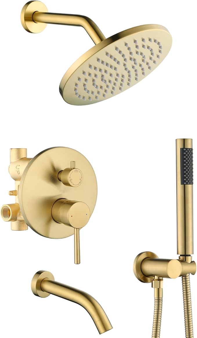 Shower System with Tub Spout, Gold Bathtub Shower Faucet Set, 8" Rain Shower Head and Handheld Spray Combo, Round Shower Head and Handle Set with Tub Spout (Valve Included), Brushed Gold by RFSUNUAN