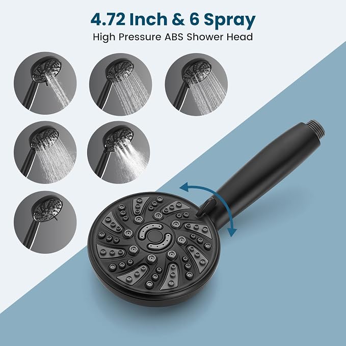 gotonovo Bathroom Shower Head Kit High Pressure Combo System Shower Faucet 6 Modes ABS Handheld Spray Shower Trim Kit Valve Included Shower Head and Handle Set Matte Black - Image 4