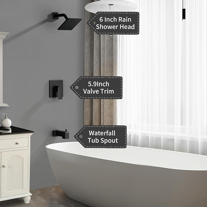 Matte Black Shower Faucet Set with Tub Spout, 6 Inch Rain Shower Head and Tub Spout, Shower Fixtures with Tub Spout, Tub and Shower Trim Kit - Image 4