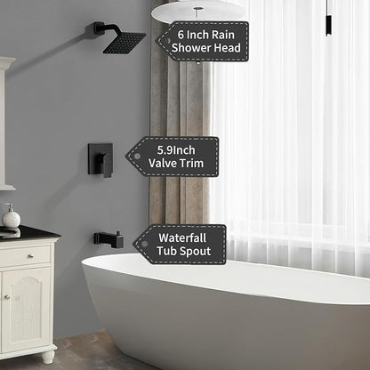 Matte Black Shower Faucet Set with Tub Spout, 6 Inch Rain Shower Head and Tub Spout, Shower Fixtures with Tub Spout, Tub and Shower Trim Kit - Image 4