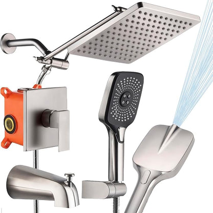 Shower Faucet Set with Tub Spout Brushed Nickel 10 Inch Rainfall Shower 4 Setting Spray Mixer Shower System Modern Luxury Wall Mounted Tub Shower Faucet Set Rough-in Valve Body (Brushed Nickel) by SUNZOE