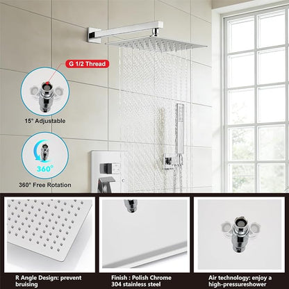 Midanya Shower System with Tub Spout,Bathtub Shower Faucet Set with Square Rainfall Head and Handheld Sprayer Wall Mount Tub Faucet Set with Valve and Trim Kit,10 Inch Polish Chrome - Image 8