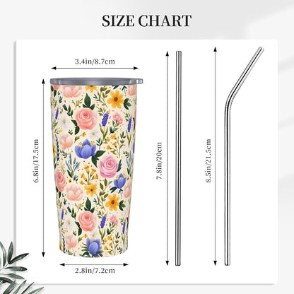 Floral Tumbler with Lid and Straw 20oz Vacuum Insulated Coffee Cup Stainless Steel Tumblers Leakproof Travel Mug Present for Women Men - Image 2