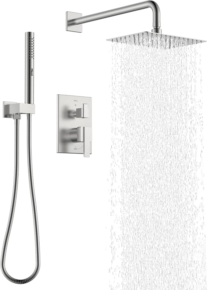 KENES Square Rainfall Shower System Faucet Set, Brushed Nickel Rain Shower Head and Handle Set, 10 Inch Stainless Shower Head with Handheld Spray (Shower Valve Included), LJ-6026A by KENESBathroomKitchen