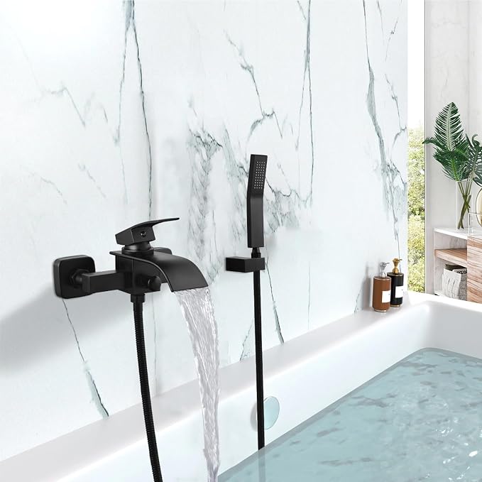 Midanya Wall Mount Bathtub Faucet with Handheld Spray Waterfall Tub Filler Single Handle Bathroom Tub Mixer Tap Hand-Shower System with Curved Spout Commercial,Matte Black - Image 2