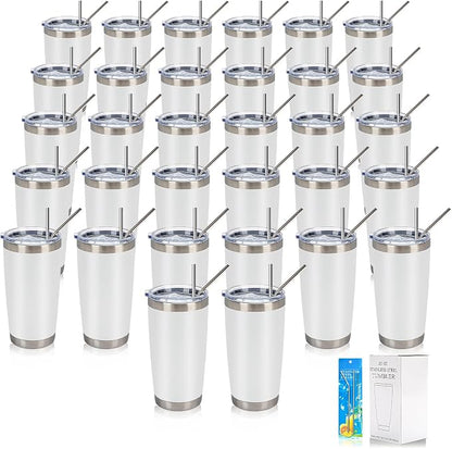 IEOVIEE 32 Pack, 20oz Stainless Steel Bulk Tumblers with Lids and Straws, Double Wall Insulated Travel Coffee Mug, Durable Powder Coated Tumbler Bulk Cup for Cold and Hot Drinks(White) by IEVOIEE