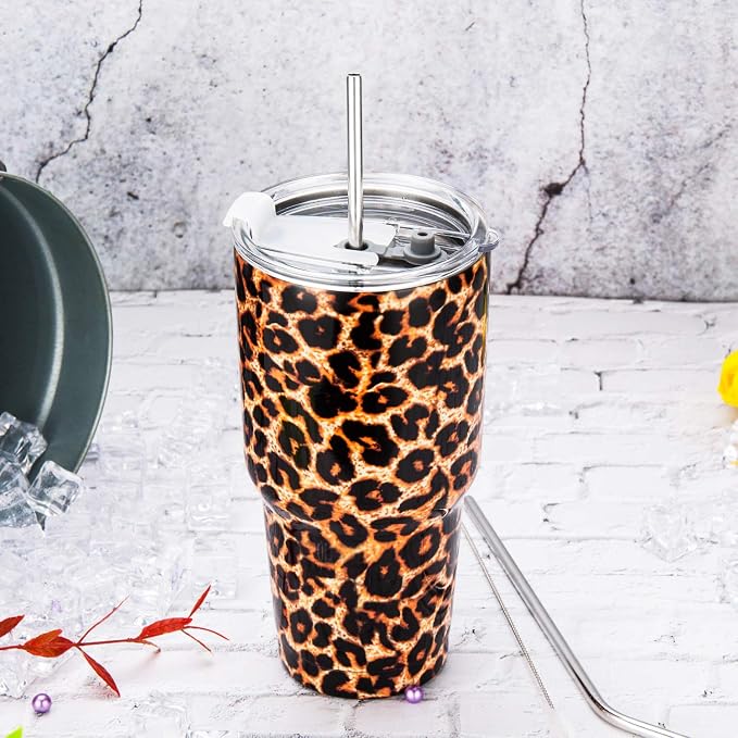30oz Leopard Tumbler Stainless Steel Insulated Travel Mug with Straw Lid Cleaning Brush (30 oz Leopard), 1 Count (Pack of 1) - Image 2