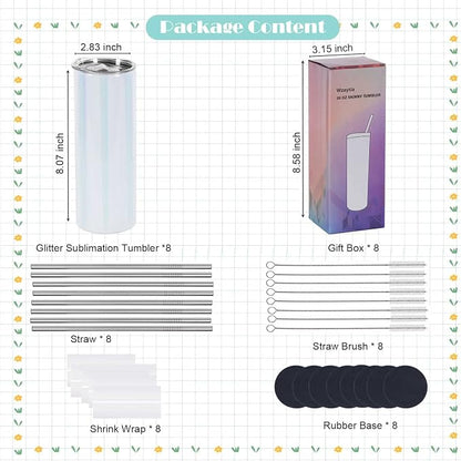 Glitter Sublimation Tumblers 20 Oz Skinny Straight, 8 Pack Stainless Steel Sublimation Glitter Shimmer Tumbler Blanks, Individually Boxed, White - Image 2
