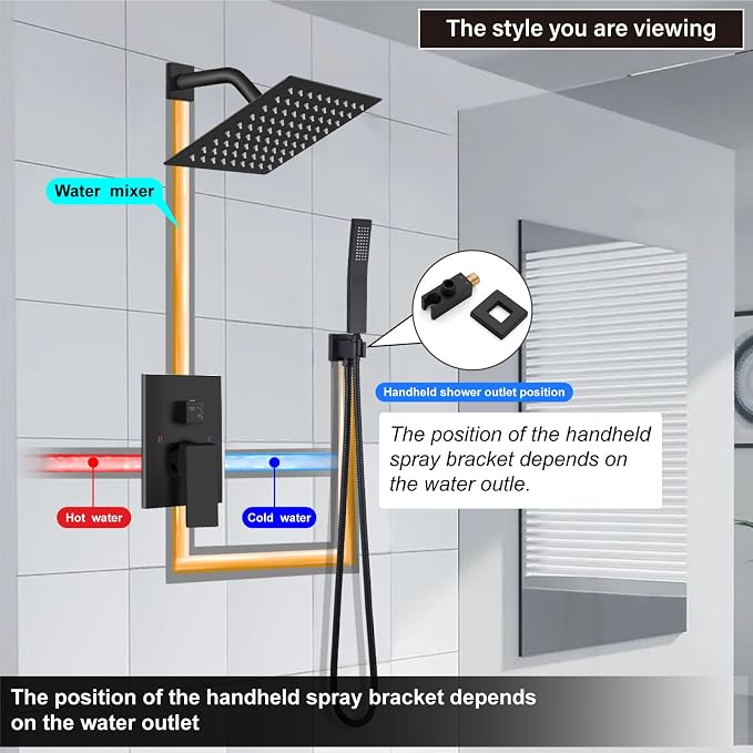 Midanya Shower Faucet Set,Wall Mount Shower System with Square Rain Shower Head and Hand Sprayer, Rough-in Valve Body and Trim Kit Included,8 Inch,Matte Black - Image 9