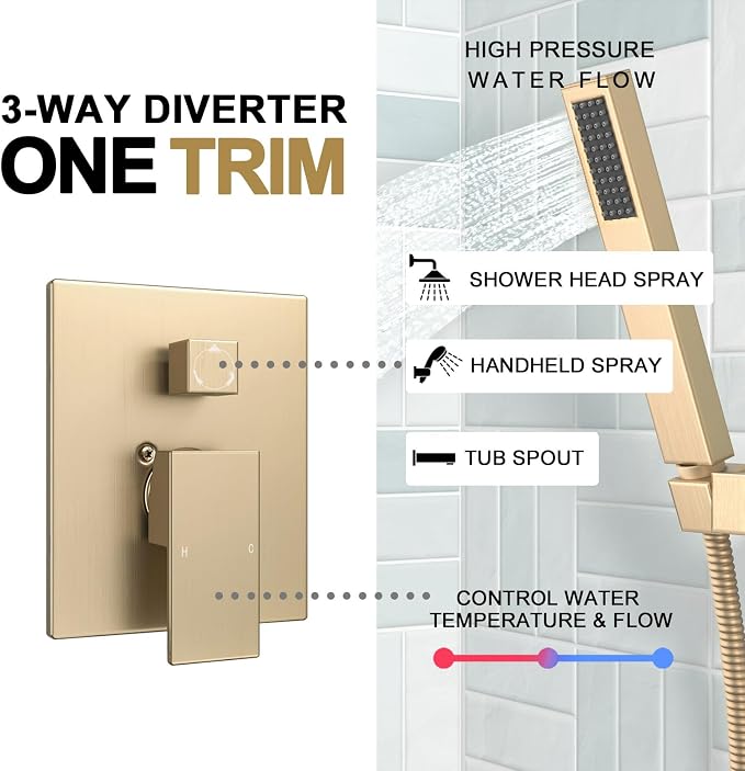 Lava Odoro Modern 3-Setting Square Shower and Tub Faucet Set with Shower Head and Handheld Sprayer Gold, Rainfall Shower System with Tub Spout, Shower Valve Trim Kit, Champagne Gold, SF103-SG-T - Image 3
