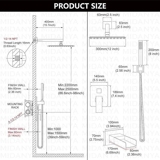 Midanya Rain Shower System Tub Shower Faucet Set Square Rainfall Waterfall Shower Head with Handheld Sprayer Tub Spout Combo Wall Mounted bathtub faucet set Rough-in Valve, 12 Inch Polish Chrome - Image 5