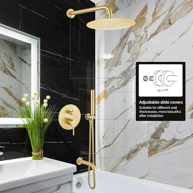 Airuida 3-Function Rain Shower System Set – Wall Mount Tub Shower Combo with Handheld Shower and Tub Spout,12 Inch Shower Head,Brushed Gold - Image 2