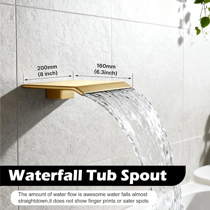 Midanya Shower System with Tub Spout,Bathtub Shower Faucet Set with Square Rainfall Head and Handheld Sprayer Wall Mount Tub Faucet Set with Valve and Trim Kit,10 Inch Brushed Gold - Image 3