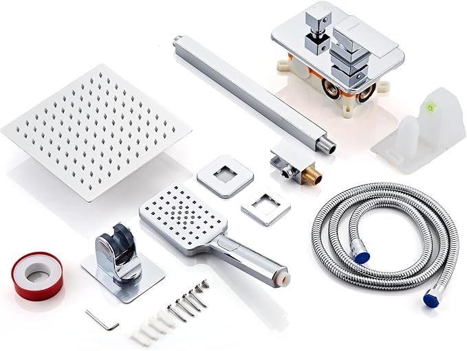 8 Inch Ceiling Mount Shower Faucet Set, Polish Chrome Rainfall Shower System, Square Rain Shower Head with Handheld Spray Combo Ceiling, Silver Rainfall Shower Faucet Fixtures (3-Setting) - Image 7