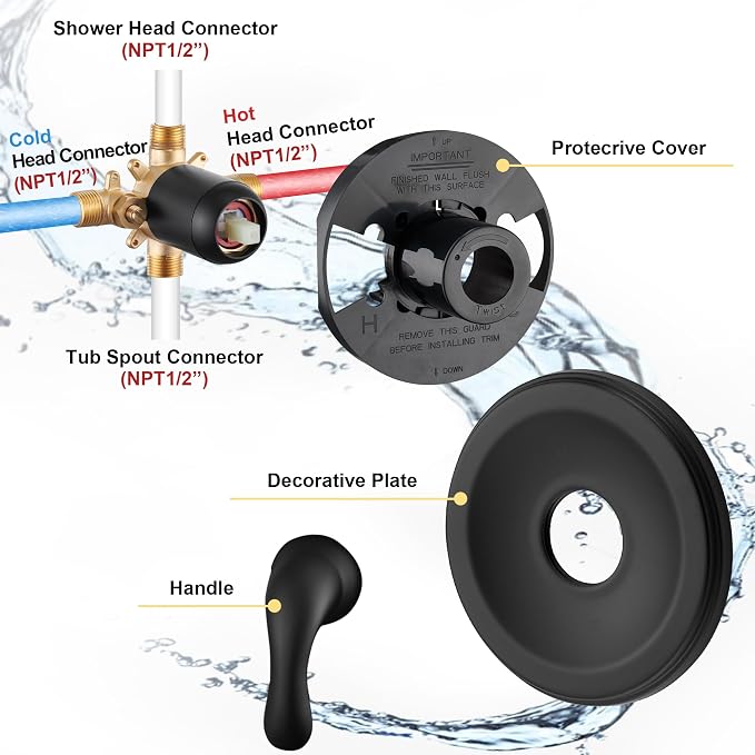 Tub Shower Faucet Set With Valve - 6 Inch Black Shower Head and Handle Set, High Pressure Bathtub Faucet With Rain Shower Head and Tub Spout Single-Spray, Matte Black - Image 7