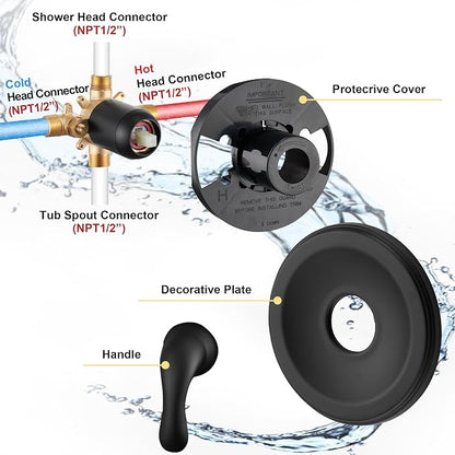 Tub Shower Faucet Set With Valve - 6 Inch Black Shower Head and Handle Set, High Pressure Bathtub Faucet With Rain Shower Head and Tub Spout Single-Spray, Matte Black - Image 7