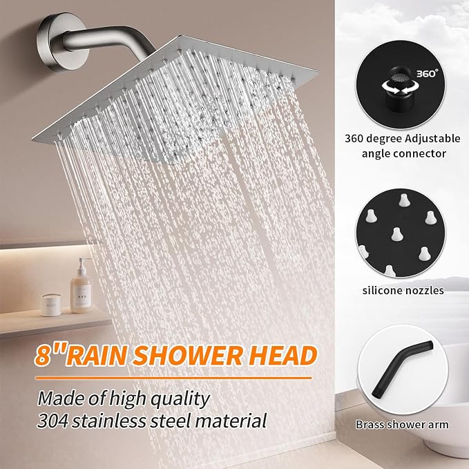 Brushed Nickel Tub Shower Faucet Set Complete with 8-Inch Rainfall Shower Head and Tub Spout Included Shower Valve Tub Shower Trim Kit Matte Black - Image 4