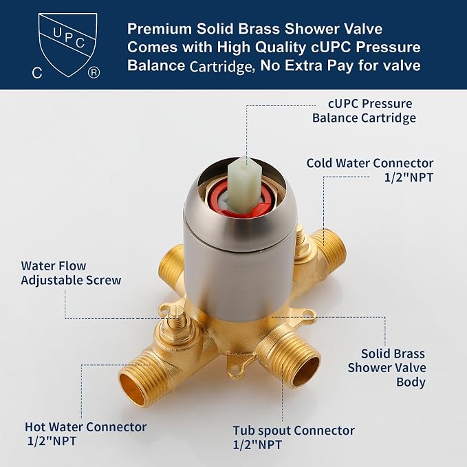 Shower Valve Trim Kit with Tub Spout Brushed Nickel Tub Shower Rough-In Mixer Valve Bathroom Trim Kit - Image 4