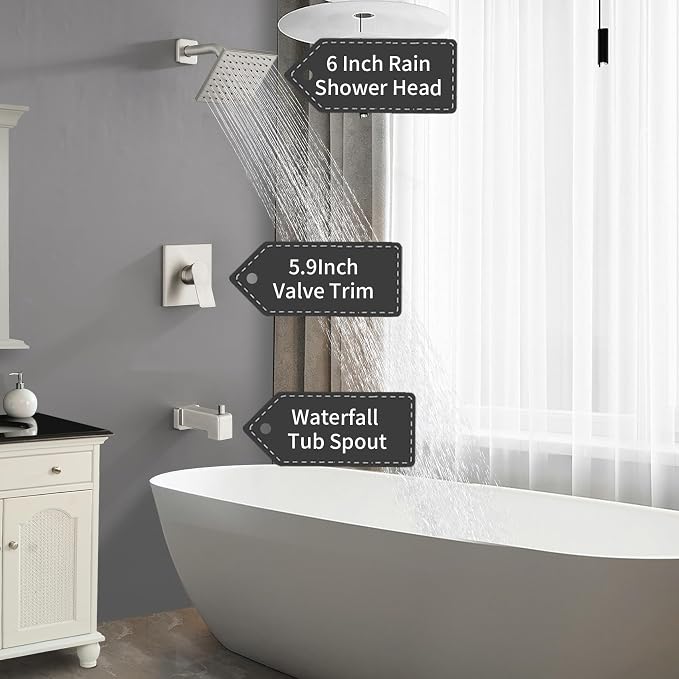 Brushed Nickel Shower Faucet Set, 6 Inch Rain Shower Head and Tub Spout, Shower Fixtures with Tub Spout, Tub and Shower Trim Kit - Image 5