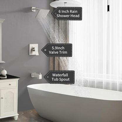 Brushed Nickel Shower Faucet Set, 6 Inch Rain Shower Head and Tub Spout, Shower Fixtures with Tub Spout, Tub and Shower Trim Kit - Image 5