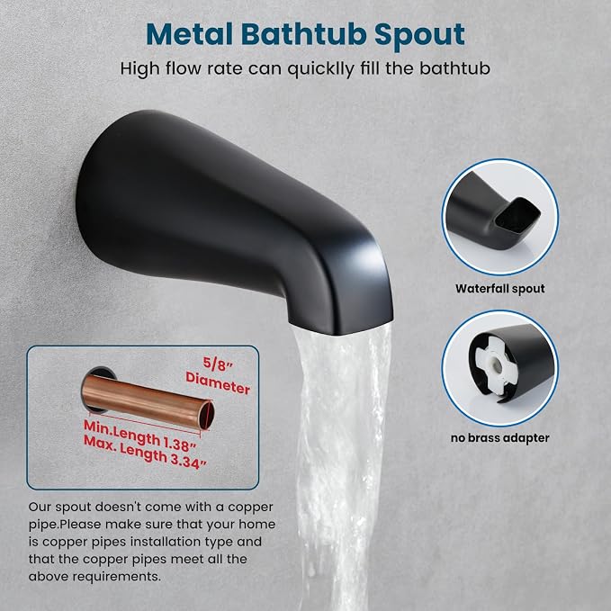 gotonovo 3 Handle Tub Shower Faucet Set, Tub and Shower Faucet Combo,Bathtub Faucet Set with 6 Settings Shower Head and Waterfall Tub Spout, Tub and Shower Trim Kit, Tub Shower Fixture Matte Black - Image 5