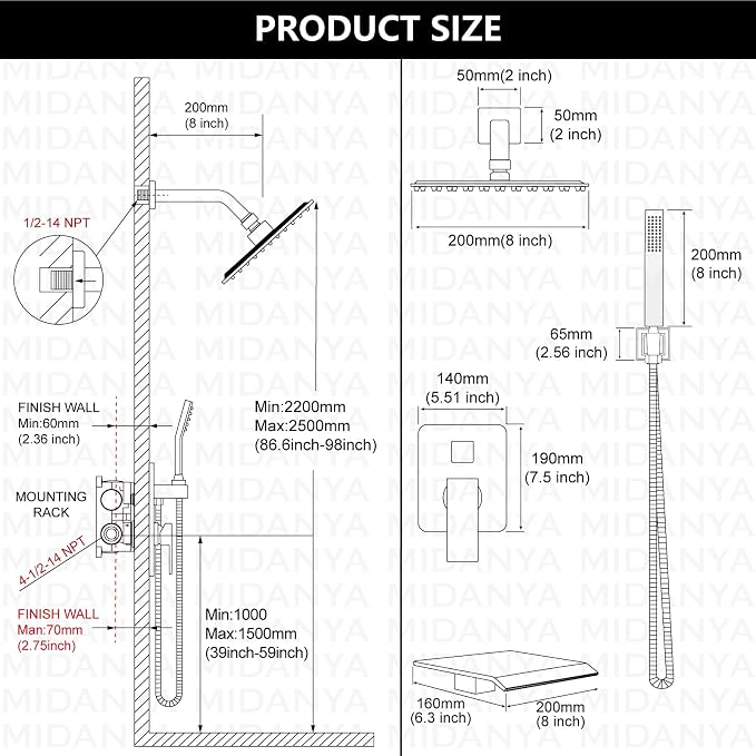 Midanya Shower System with Tub Spout,Bathtub Shower Faucet Set with Square Rainfall Head and Handheld Sprayer Wall Mount Tub Faucet Set with Valve and Trim Kit,8 Inch Polish Chrome - Image 5