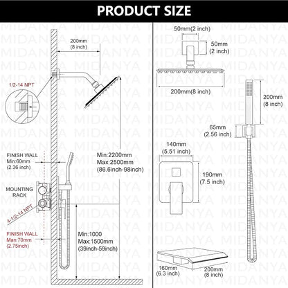 Midanya Shower System with Tub Spout,Bathtub Shower Faucet Set with Square Rainfall Head and Handheld Sprayer Wall Mount Tub Faucet Set with Valve and Trim Kit,8 Inch Polish Chrome - Image 5