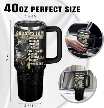 Christian Gifts for Men, 40 oz God Says I Am Lion Tumbler with Handle, Inspirational Religious Birthday Gifts, Lion Christian Gift for Spiritual Catholic Faith Jesus Bible God Prayer Cup - Image 7