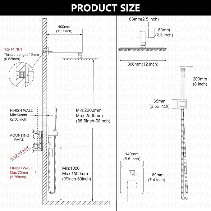 Midanya Shower Faucet Set,Wall Mount Shower System with Square Rain Shower Head and Hand Sprayer, Rough-in Valve Body and Trim Kit Included,12 Inch,Brushed Nickel - Image 6