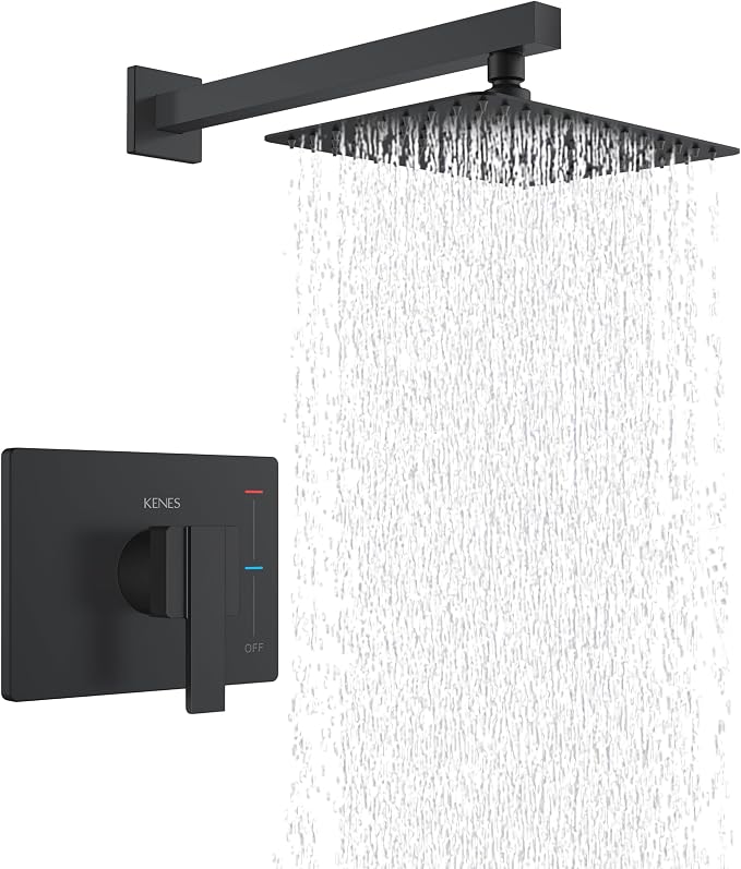 KENES Matte Black Shower Faucet with 10-Inch Shower Head and Handle Set, Square Shower Faucet Set Bathroom Rainfall Shower System Wall Mount, KE-6024B-2 (Shower Valve Included) by KENESBathroomKitchen