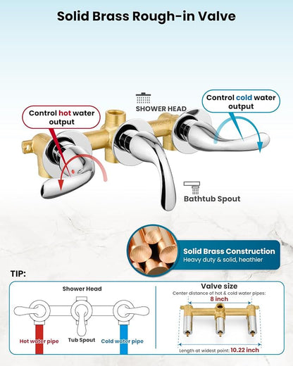 gotonovo 3 Handle Tub Shower Faucet Set, Bathtub Shower Fixture,Bathroom Tub and Shower Faucet Combo Shower System Complete Tub and Shower Trim Kit with 6 Settings Showerhead Polished Chrome - Image 6