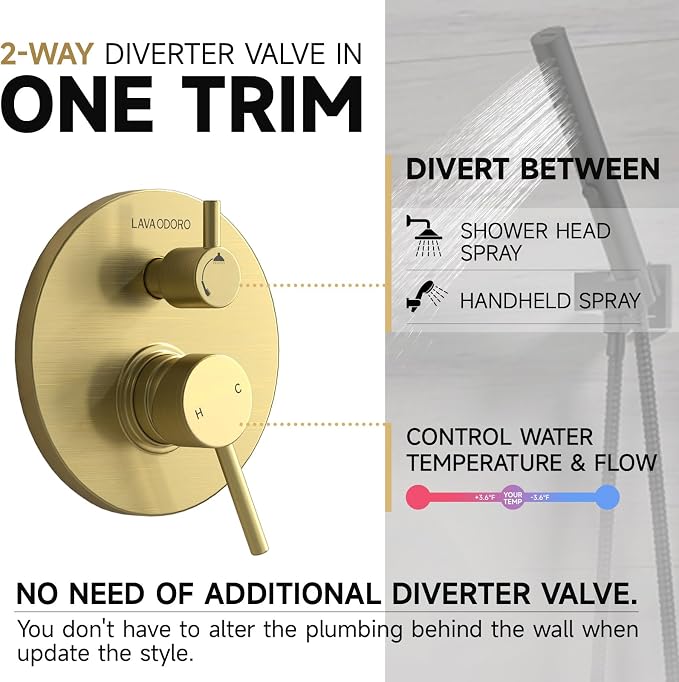 Lava Odoro Modern 2-Setting Round Rain Shower System, Gold Rainfall Shower Faucet Set Rain Shower Head and Handle Set, Shower Valve Trim Kit, 10 Inch, Brushed Gold, SF104-SG - Image 3