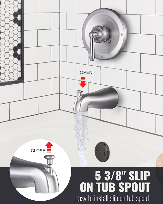 Shower Faucet Set Brushed Nickel: ARCORA Bathtub Faucet Set with 6-Inch Rain Showerhead and Tub Spout, Single-Handle Tub and Shower Trim Kit (Valve Included) - Image 5
