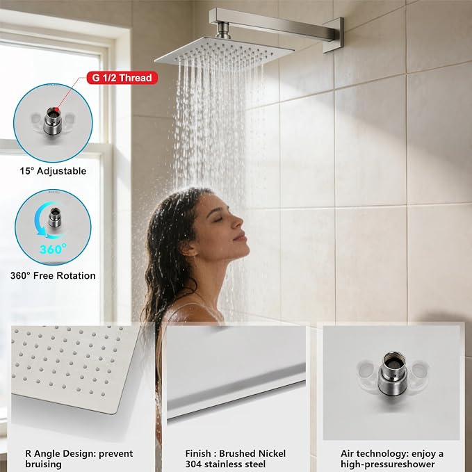 Midanya Rain Shower System Tub Shower Faucet Set Square Rainfall Waterfall Shower Head with Handheld Sprayer Tub Spout Combo Wall Mounted bathtub faucet set Rough-in Valve, 12 Inch Brushed Nickel - Image 8