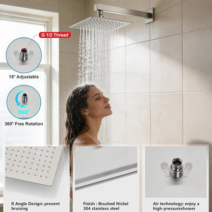 Midanya Rain Shower System Tub Shower Faucet Set Square Rainfall Waterfall Shower Head with Handheld Sprayer Tub Spout Combo Wall Mounted bathtub faucet set Rough-in Valve, 12 Inch Brushed Nickel - Image 8