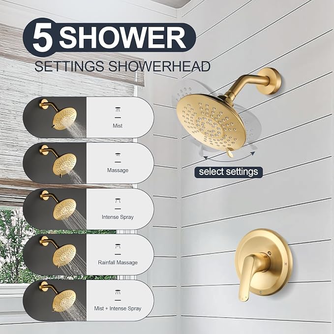 Shower Faucet with Valve, Bathroom Tub Shower Faucet Kit, Single Handle Rain Shower Head with Tub Spout, Solid Brass Shower Tub Faucet Set Complete, Bathtub Faucet with Shower, Brushed Gold - Image 2